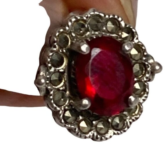 Marsala Sterling Silver Earrings Marcasite Ruby CZ Oval Studs Elegant Regal - Picture 5 of 7